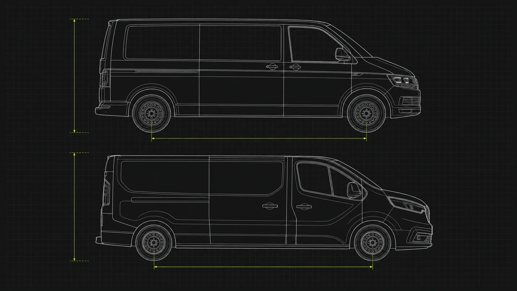 Technical side-profile outlines of a Volkswagen Transporter T6 and Renault Trafic